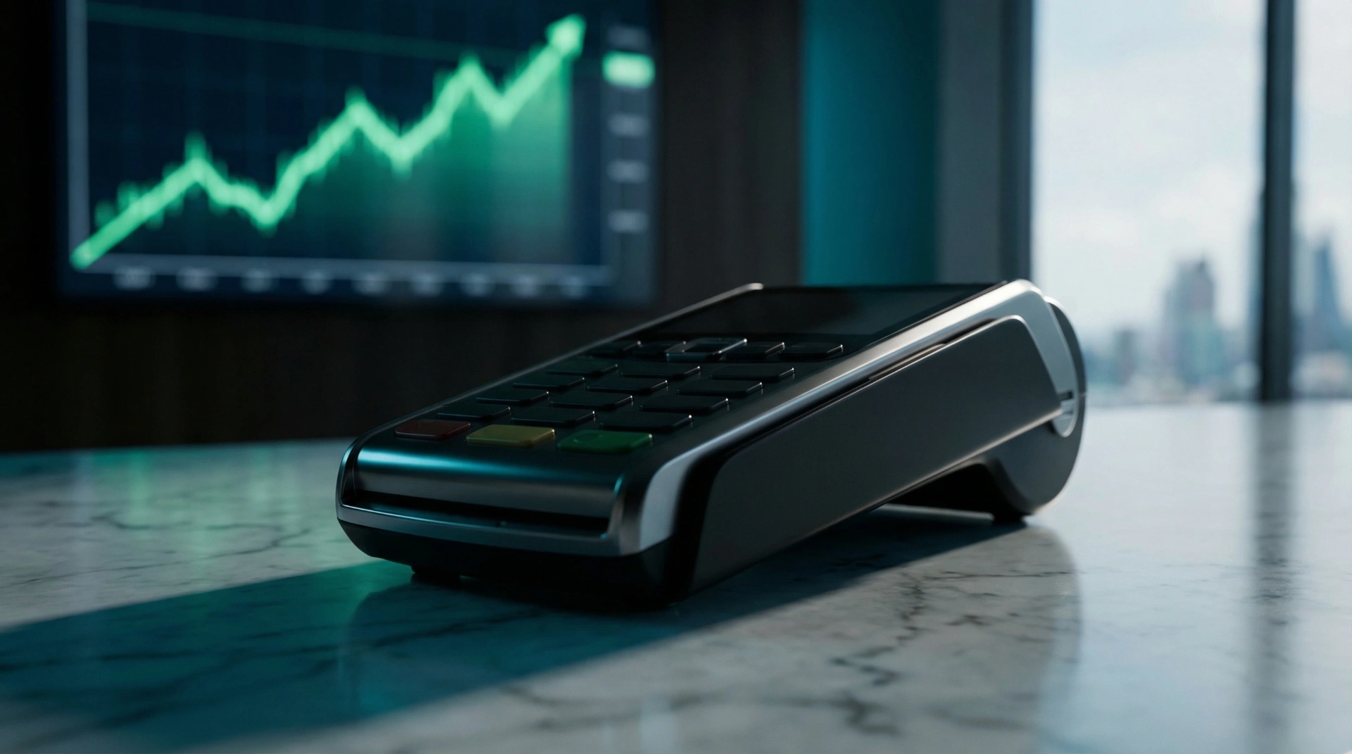Modern black CIB card machine on a luxury office desk representing fast next day settlements.
