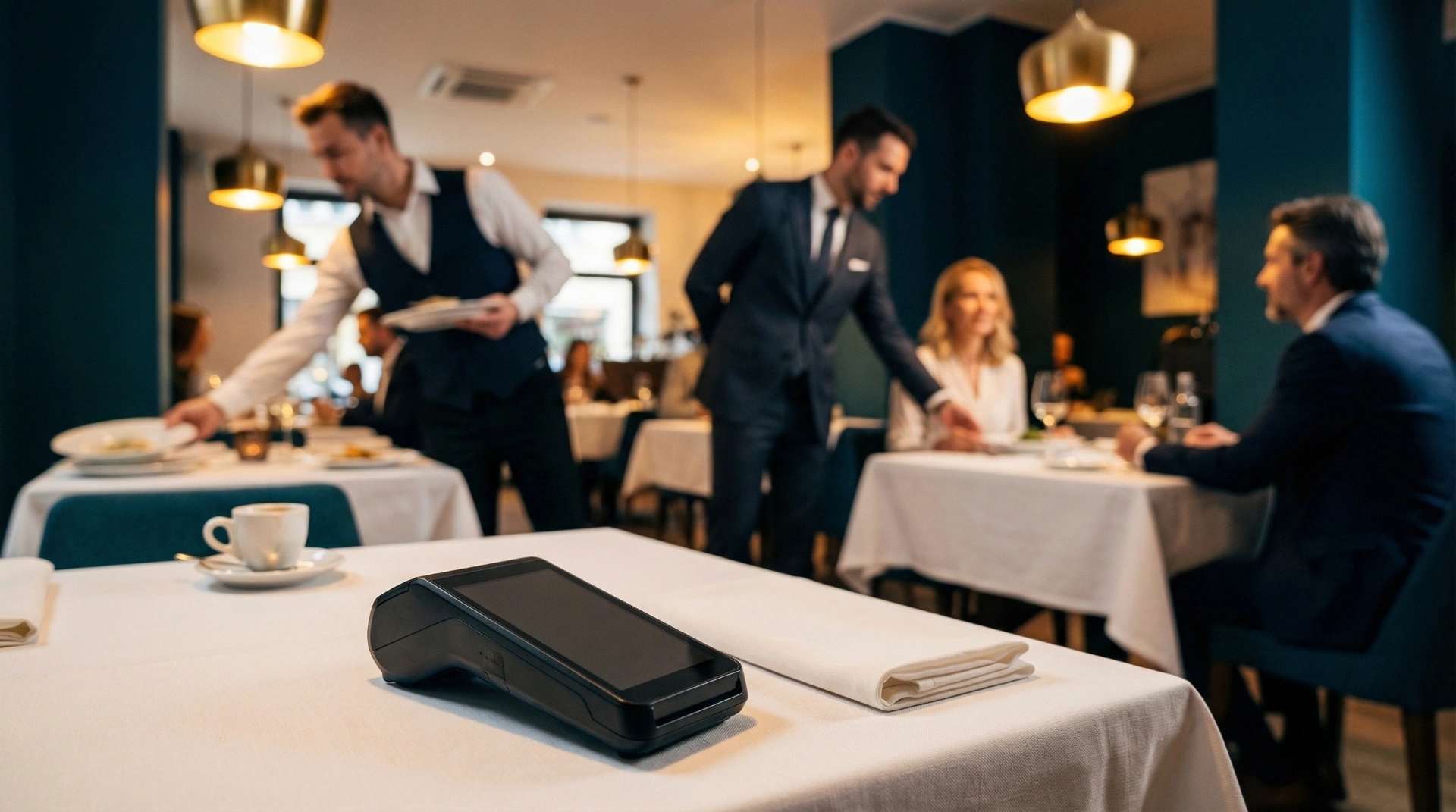 High speed CIB payment terminal being used in a busy restaurant to increase table turnaround