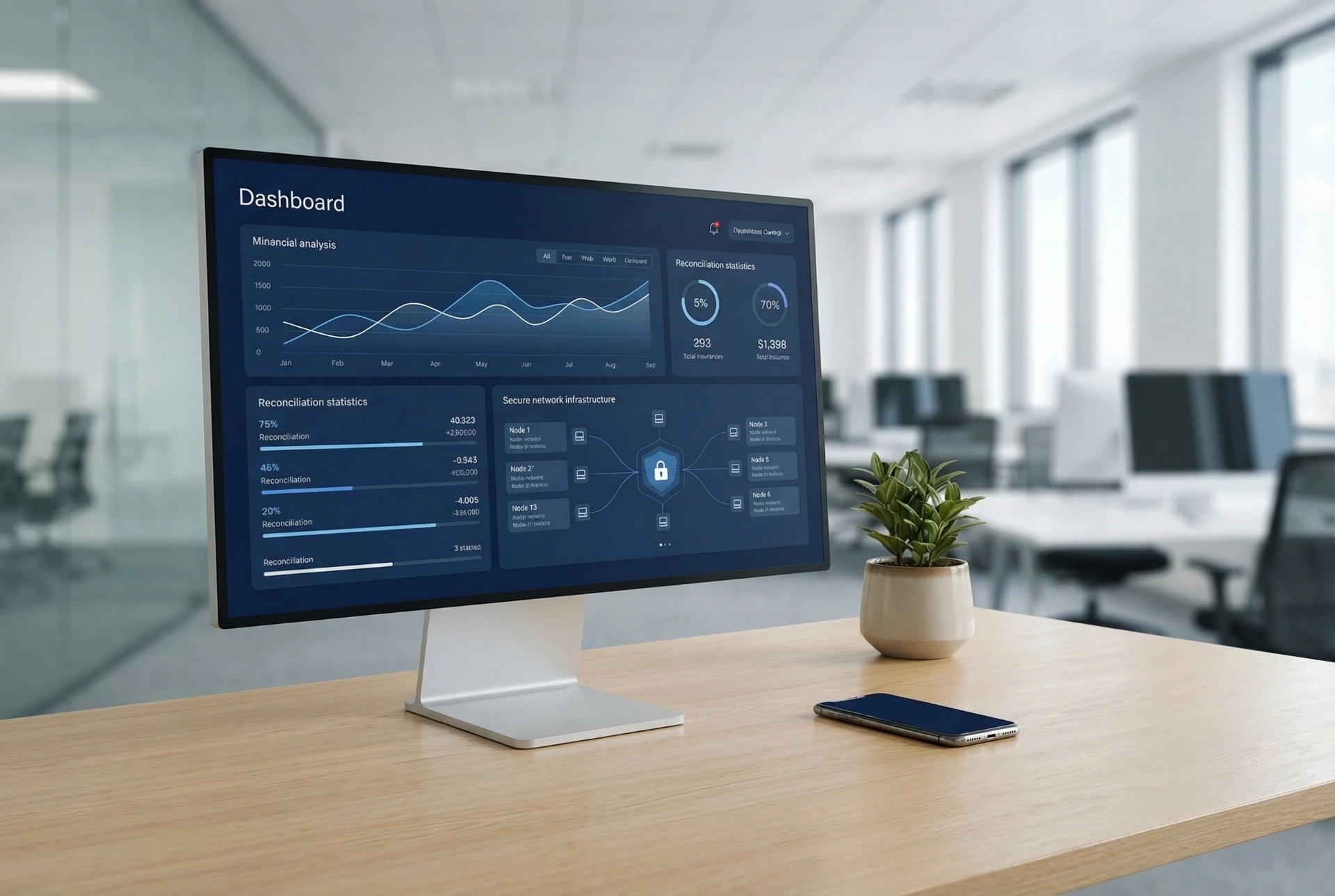 Integrated financial dashboard showing backend automation in a modern UK office