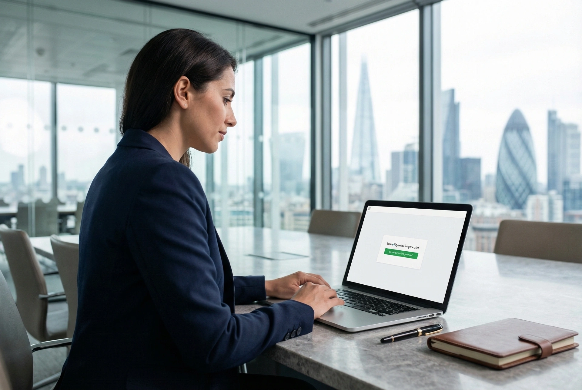 Secure remote billing interface on a premium laptop in a London boardroom