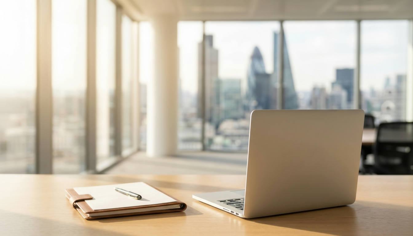 Approachable UK corporate office environment with a heavy Deep Petrol brand tint representing professional nationwide contact and support