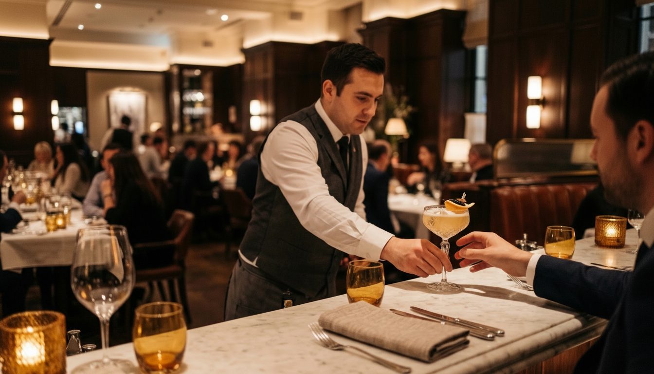 High end UK hospitality environment with a Deep Petrol brand tint representing premium payment speed