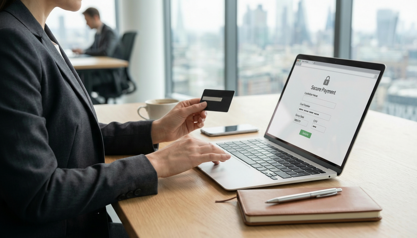 Secure online payment gateway transaction on a premium laptop in a professional UK office environment