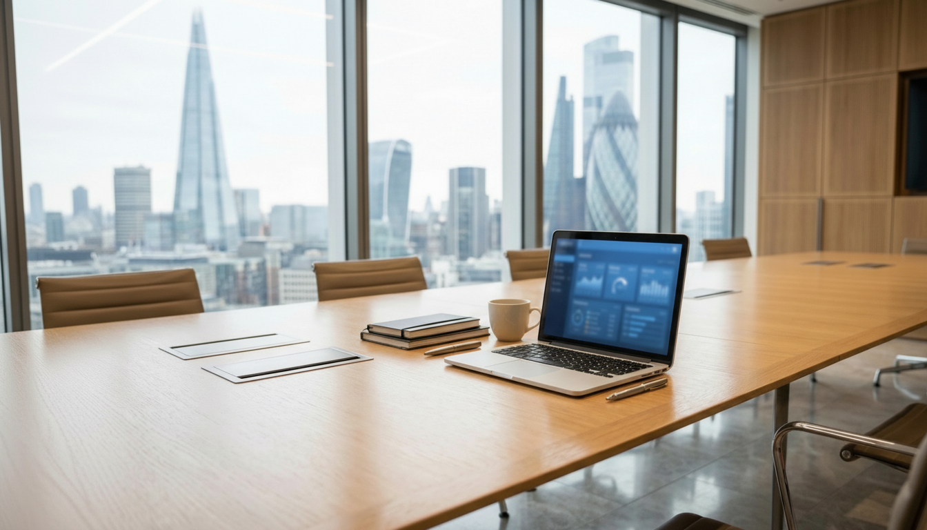 Sophisticated UK corporate boardroom environment with a heavy Deep Petrol brand tint representing premium professional services payment trust