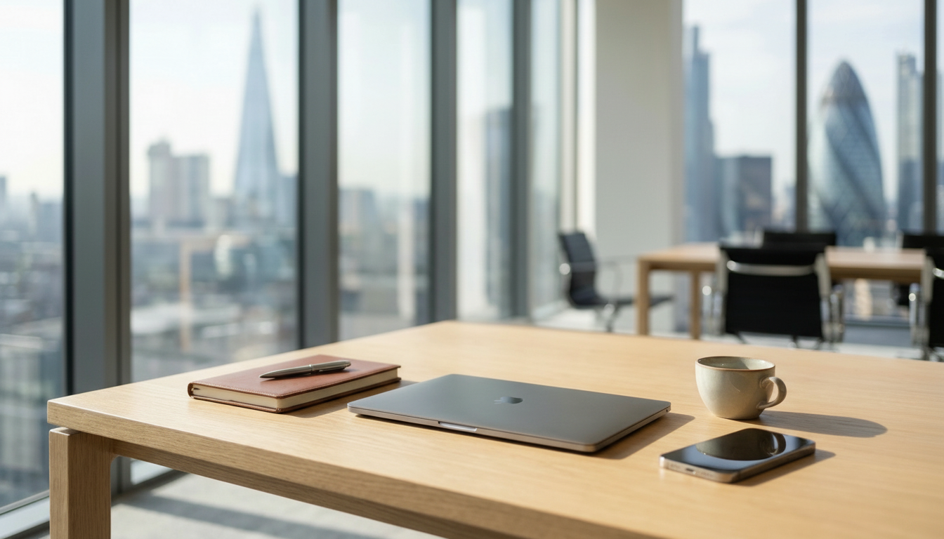 Premium UK corporate desk environment with a heavy Deep Petrol brand tint representing strategic consultation and savings