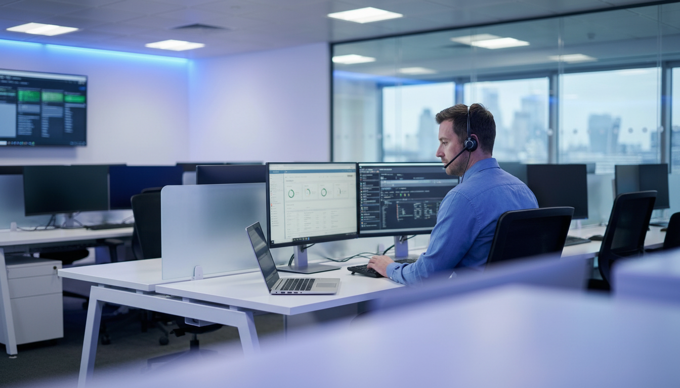 Advanced UK technical support centre environment with a heavy Deep Petrol brand tint representing comprehensive human support