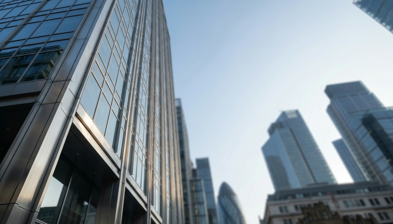 Sophisticated UK financial district architecture with a heavy Deep Petrol brand tint representing the standard in financial infrastructure